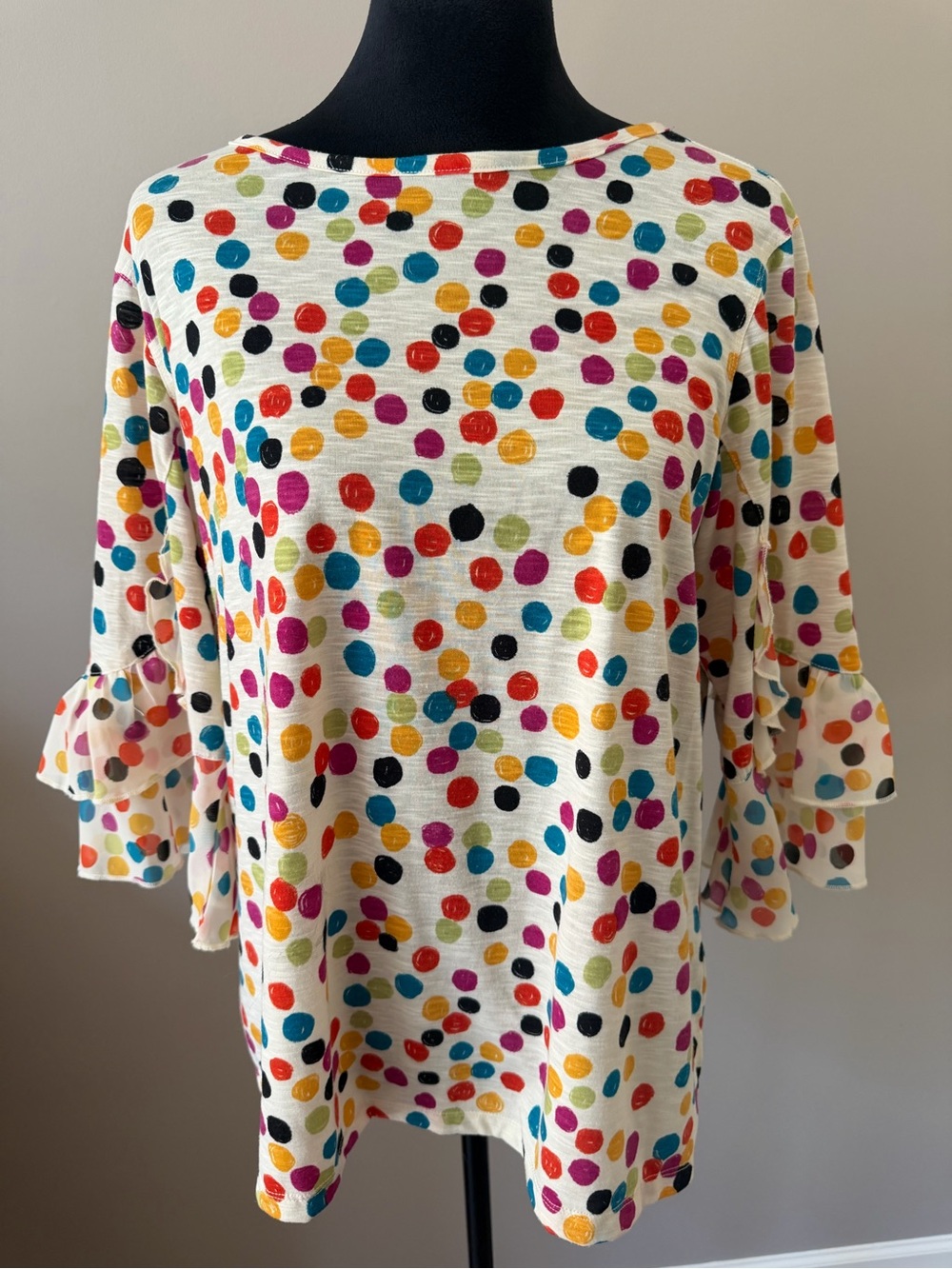 Multiples Whimsical Cream Multicolor Polka Dot Ruffle 3/4 Sleeve Top MED